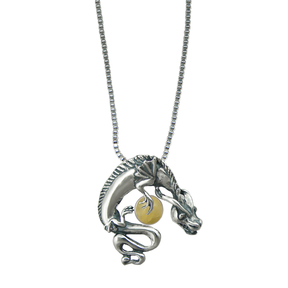 Sterling Silver Playful Dragon Pendant With Yellow Aragonite